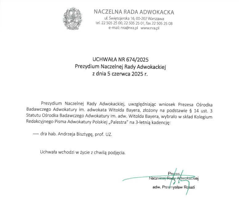 Prof. Andrzej Bisztyga wybrany w skład          Kolegium Redakcyjnego Pisma Adwokatury Polskiej PALESTRA