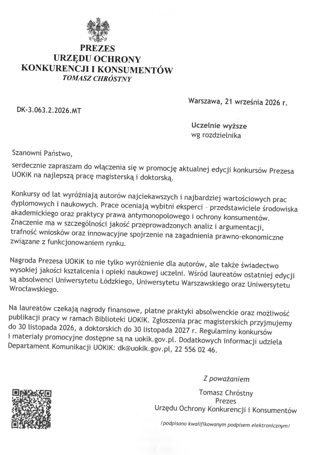 Nagrody Prezesa UOKiK dla najlepszych prac magisterskich