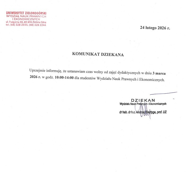 Komunikat Dziekana - czas wolny od zajęć dydaktycznych